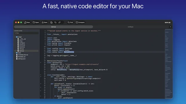 DeltaTxt code editor for Mac with a Python file open, showing syntax highlighting, code folding, tabs, and the workspace explorer