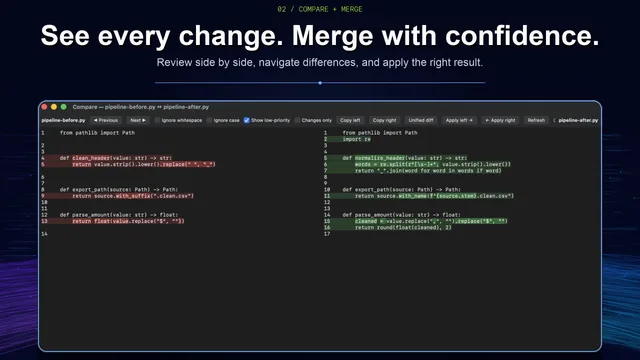 Two Python files compared side by side in DeltaTxt for Mac with added and removed lines highlighted