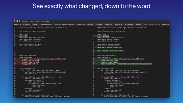 DeltaTxt for Mac side-by-side diff comparing two versions of a Python file with word-level highlights and per-change copy and apply controls