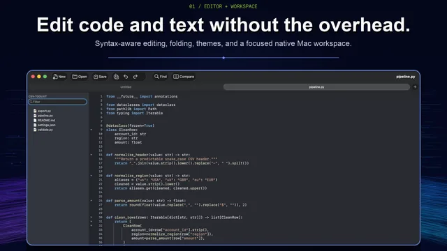 Python source file open in the native DeltaTxt editor for Mac with the workspace visible