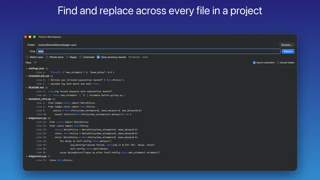 DeltaTxt for Mac find in files, searching every file in a project folder with match case, whole word, and regex options and results grouped by file and line