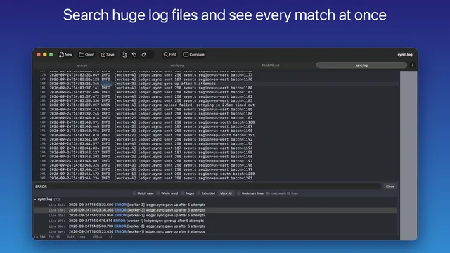 DeltaTxt for Mac log viewer with Find All pulling every ERROR line of a sync log into one list