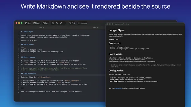 DeltaTxt for Mac Markdown preview rendering a README beside its Markdown source