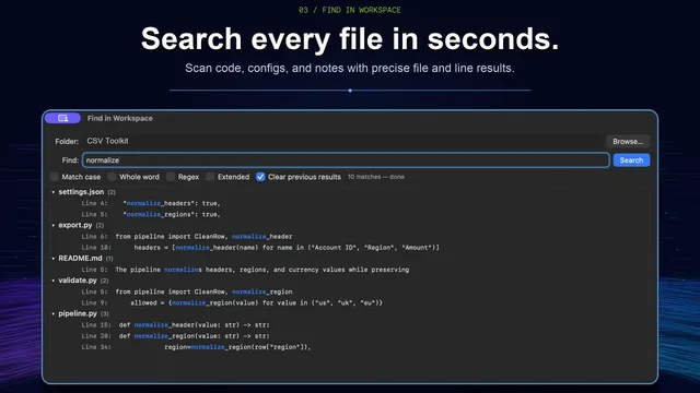 Workspace search results grouped by file in DeltaTxt for Mac