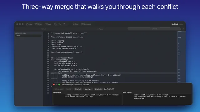 DeltaTxt for Mac three-way merge stepping through a conflict in a Python file, with the left and right changes side by side