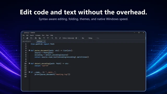 Python source file open in the native DeltaTxt editor for Windows