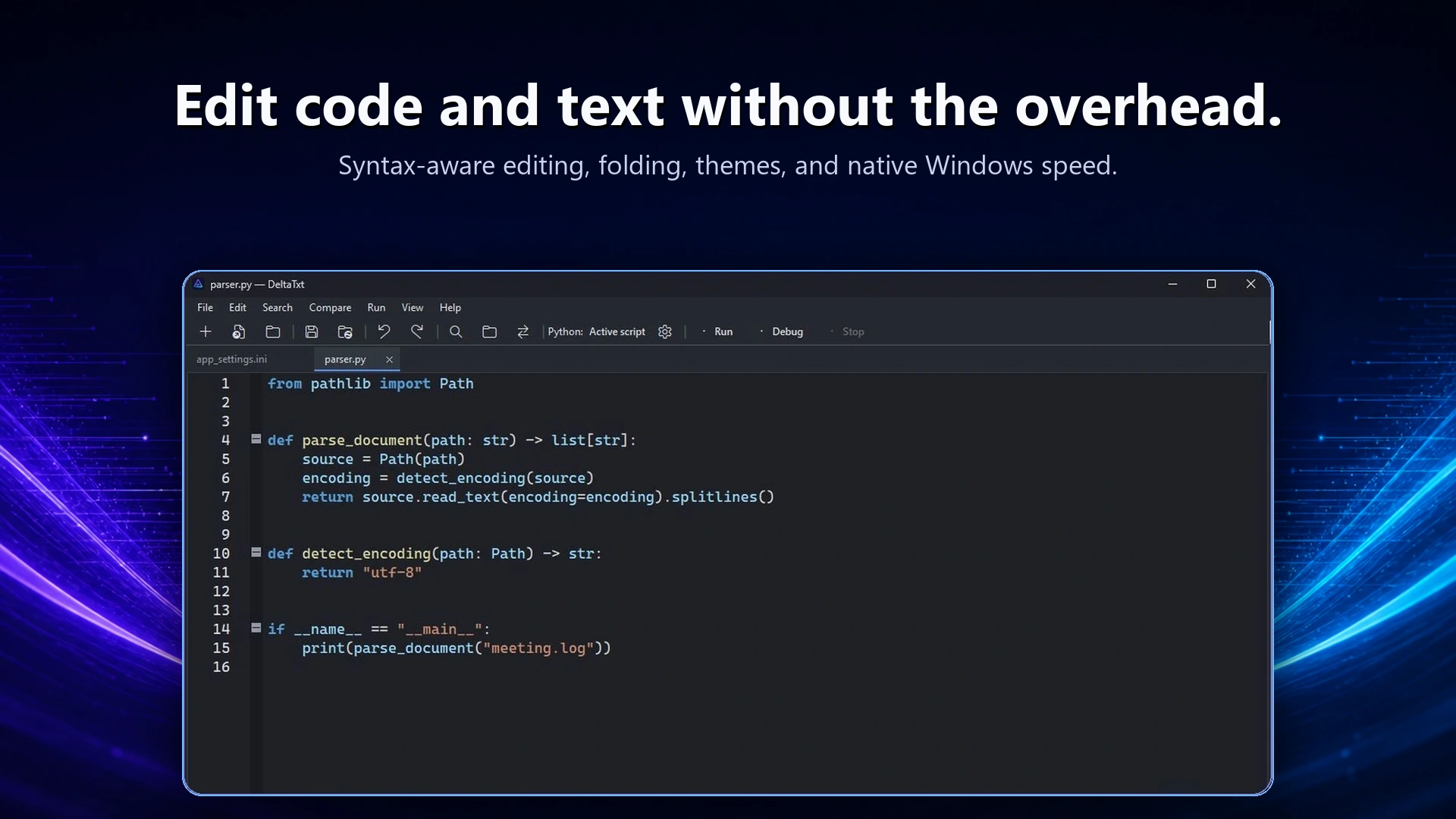 Python source file open in DeltaTxt with Run and Debug controls