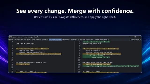 Two Python files compared side by side in DeltaTxt for Windows with changes highlighted