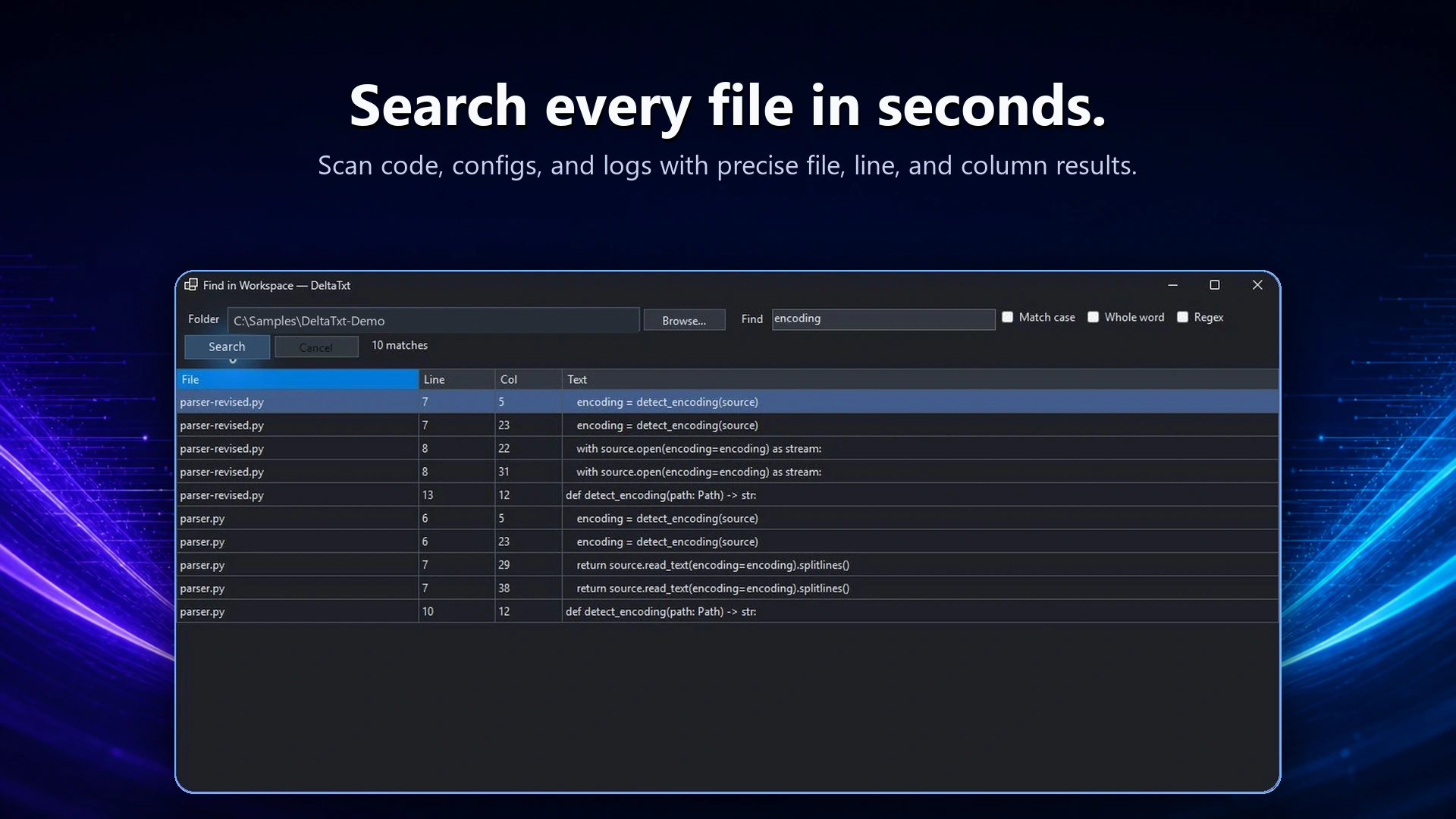 Search results across Python files in a DeltaTxt workspace
