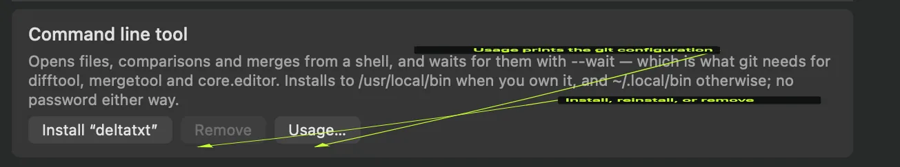 The command line tool card in DeltaTxt preferences, with Install, Remove and Usage buttons
