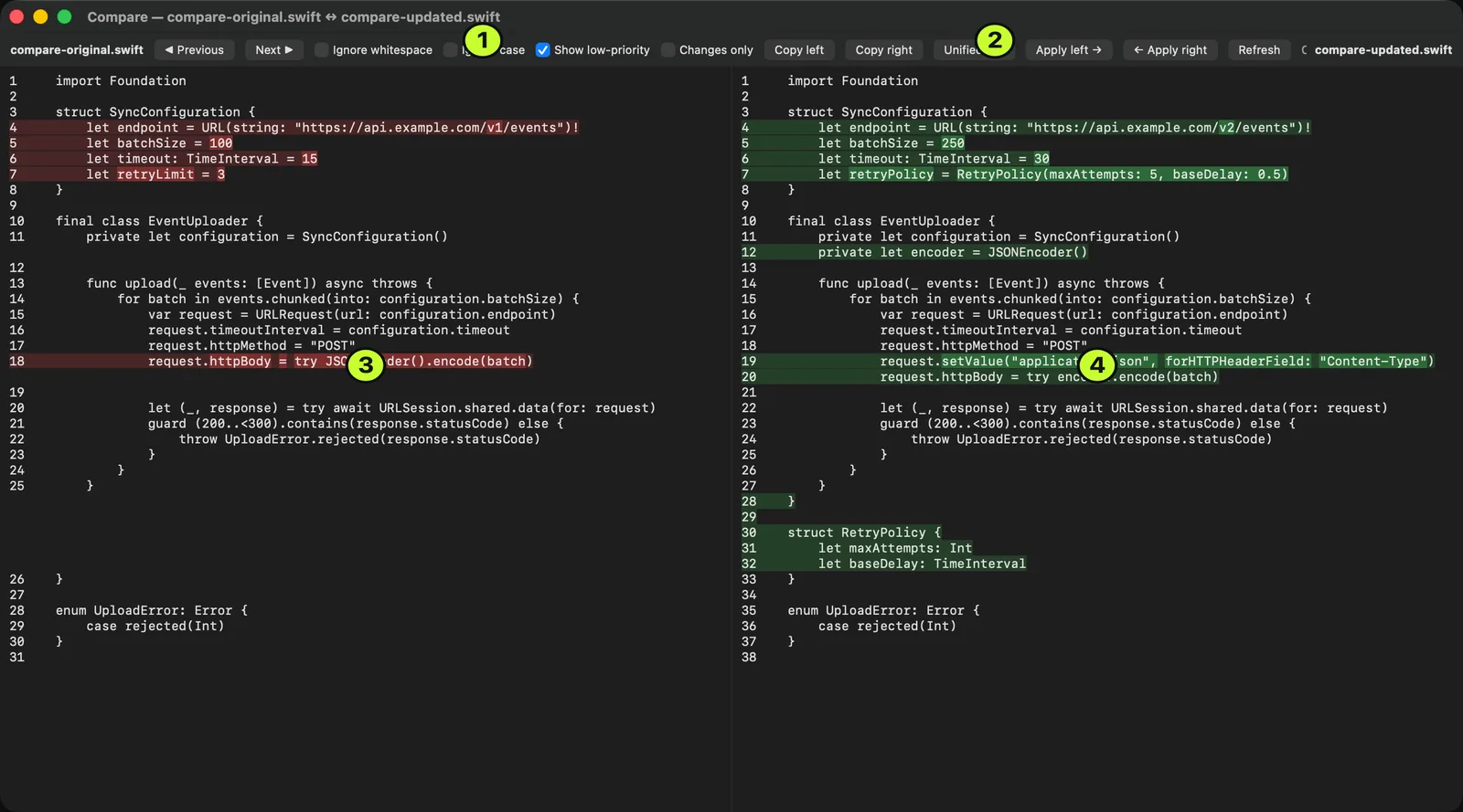 Two versions of a Swift file compared side by side in DeltaTxt, with changed lines highlighted on both sides