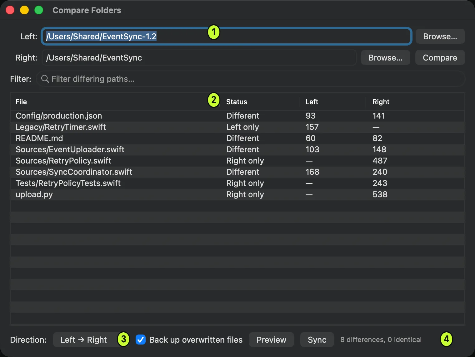 Two folders compared in DeltaTxt, each row showing whether the file differs or exists on only one side, with its size on each side