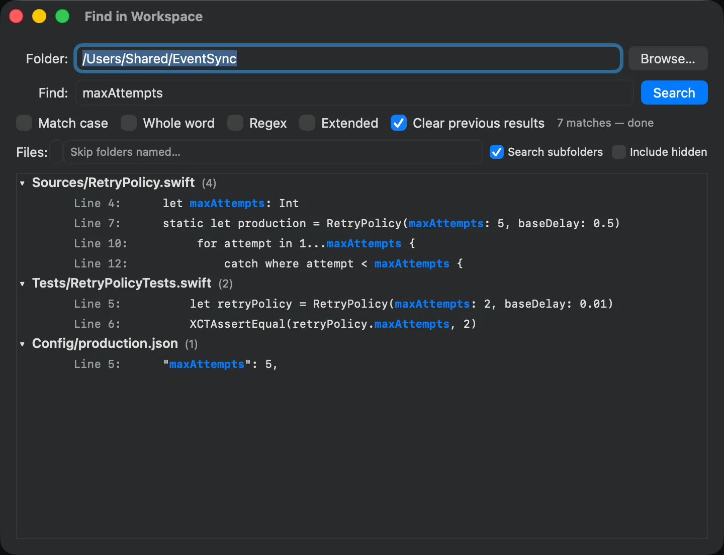 Workspace search results in DeltaTxt grouped by file, each match showing its line number and the matching text