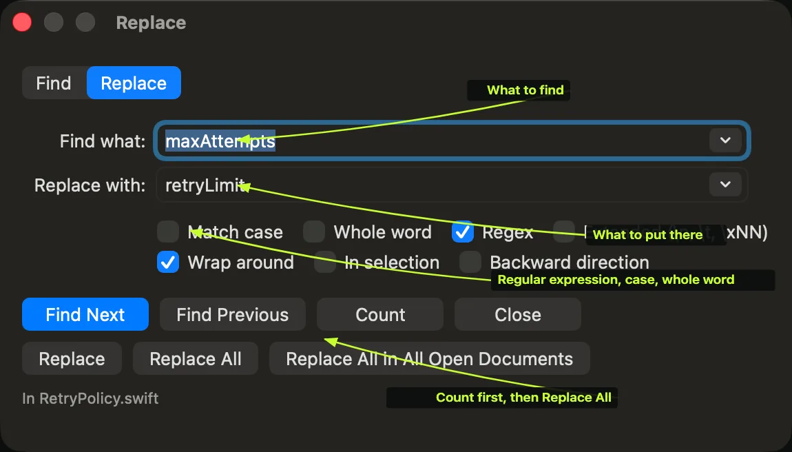 The DeltaTxt find and replace panel with a search term, a replacement, and the regular expression option turned on