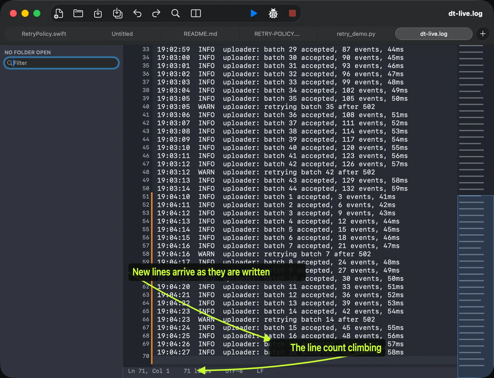 A log file open in DeltaTxt with Follow File active, new lines appended at the bottom as the file grows