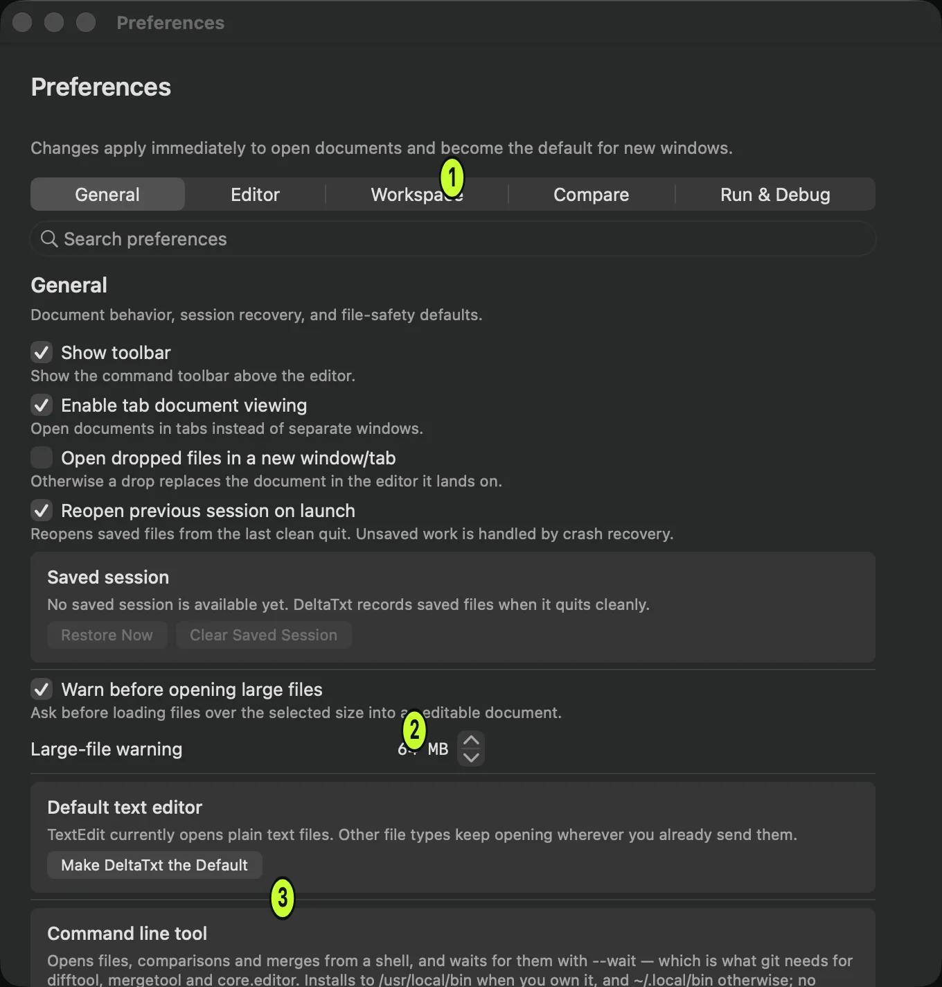 The General section of DeltaTxt preferences, showing document behaviour, session recovery, the large-file warning, the default text editor card and the command line tool card