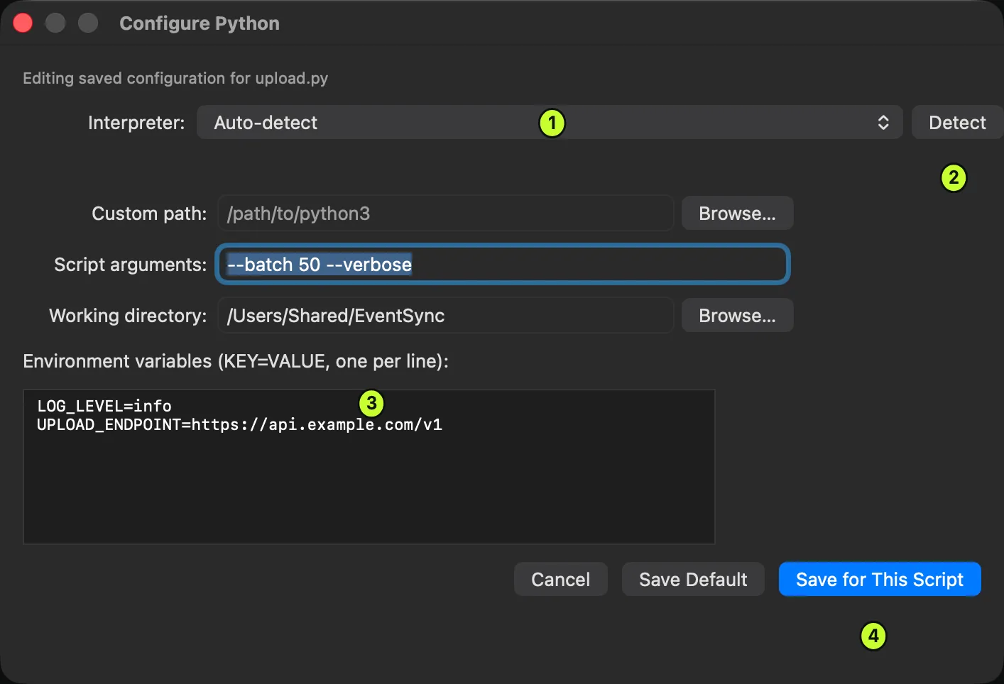 The Configure Python window in DeltaTxt showing the interpreter popup, script arguments, working directory and environment variables