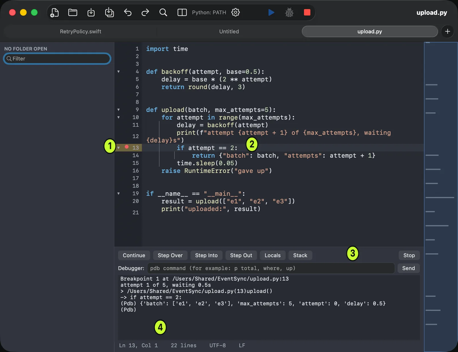 A Python script paused at a breakpoint in DeltaTxt, with the execution line highlighted and the debugger showing locals and the pdb prompt