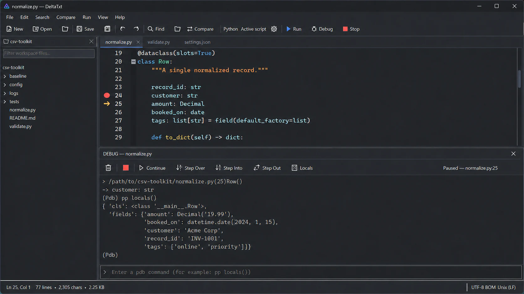 DeltaTxt Python debugger on Windows with source code and its docked output panel