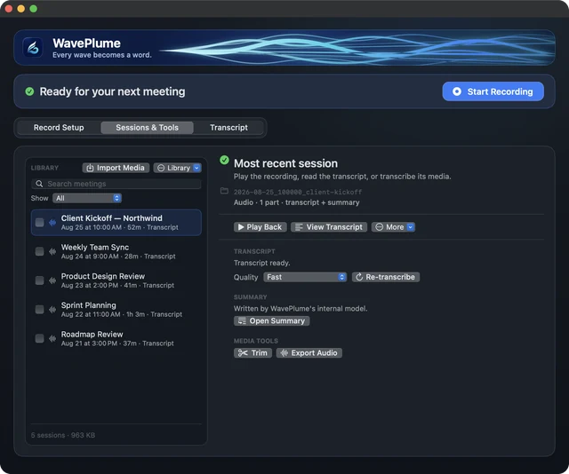 WavePlume for Mac Sessions and Tools library containing five fictional meetings, with playback, transcript, summary, trim, and export audio controls for the selected session