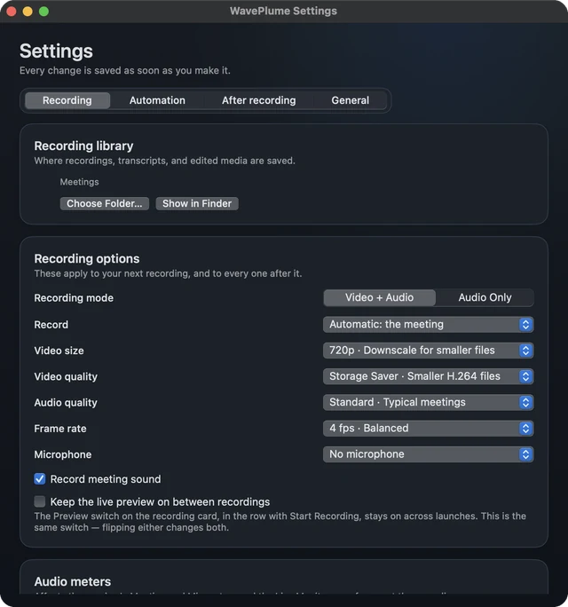 WavePlume for Mac Settings on the Recording tab, with the recording library folder and options for recording mode, source, video size and quality, audio quality, frame rate, and microphone