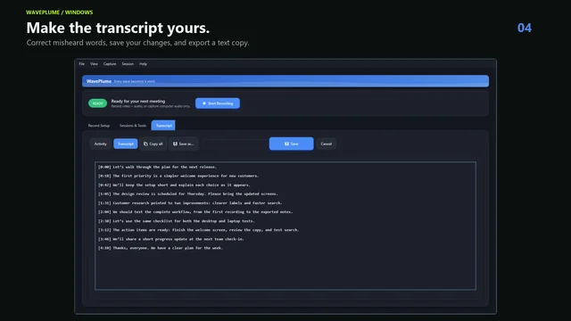 WavePlume transcript editor with a fictional meeting transcript and Save and Cancel controls