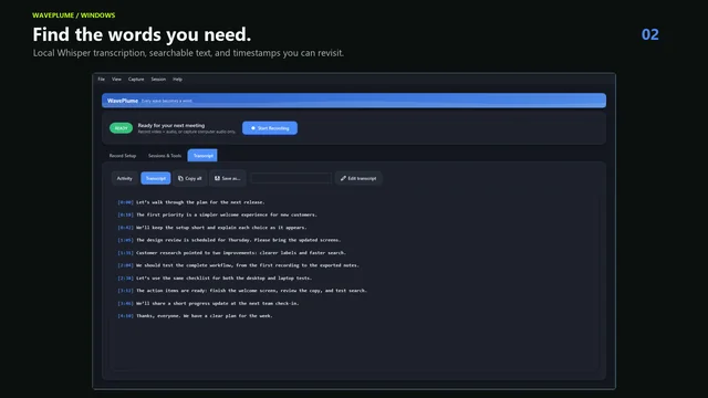 WavePlume for Windows displaying a fictional product planning transcript with clickable timestamps, search, and edit controls