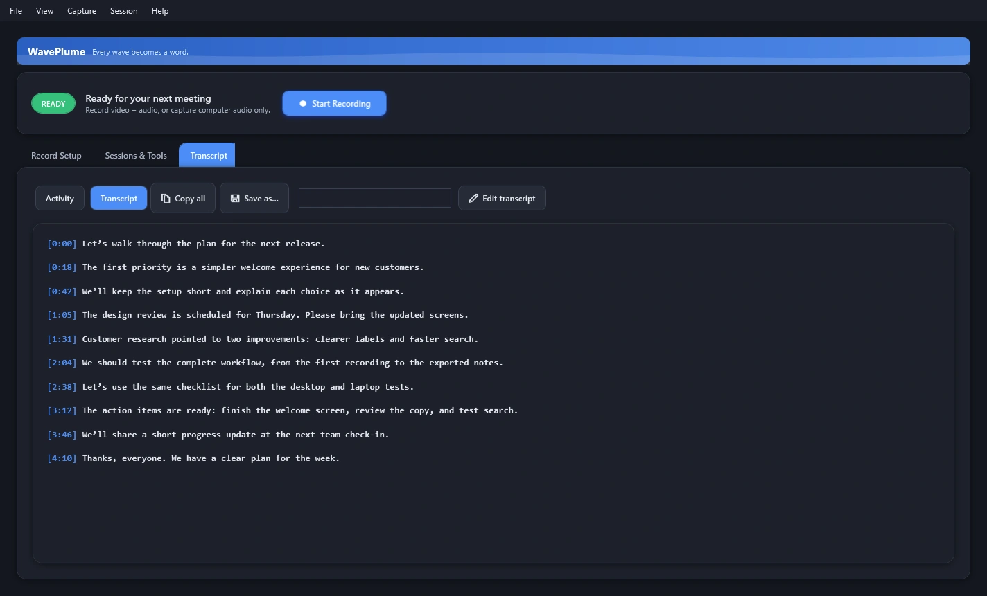 WavePlume for Windows showing a sample meeting transcript with timestamps and editing tools